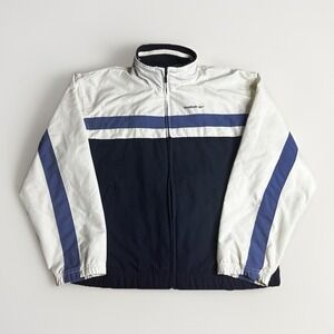 Vintage 90s Reebok Windbreak Track Jacket Womens Medium White Blue Stripe Mid
